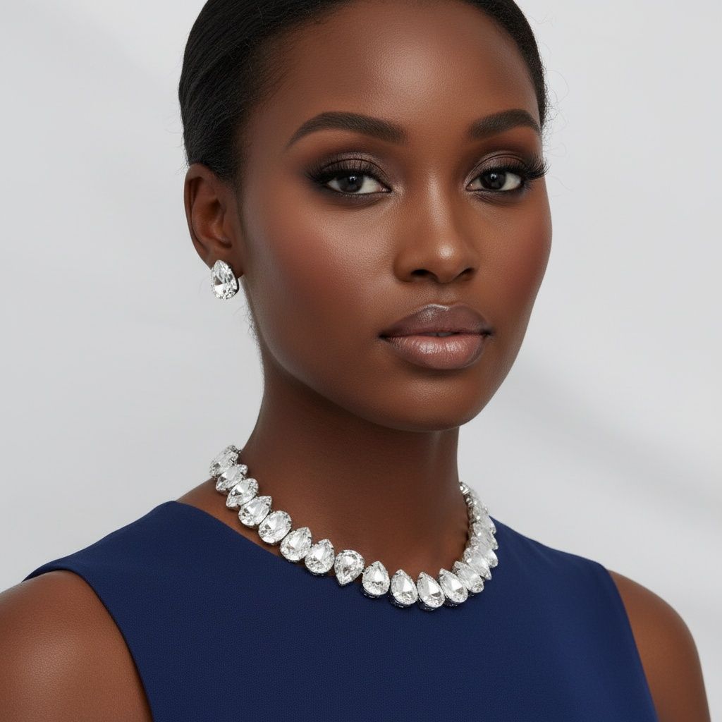 Silver Teardrop Crystals Gemstone Collar Necklace