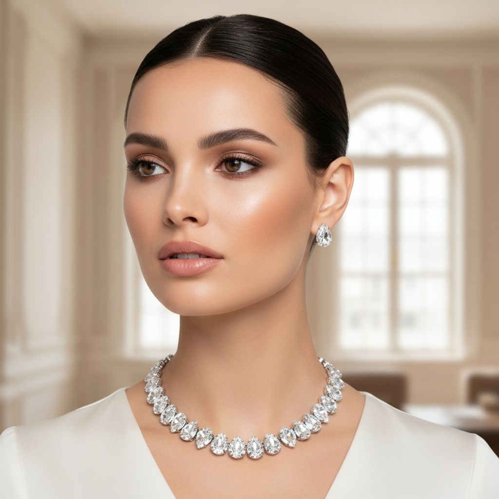 Silver Teardrop Crystals Gemstone Collar Necklace