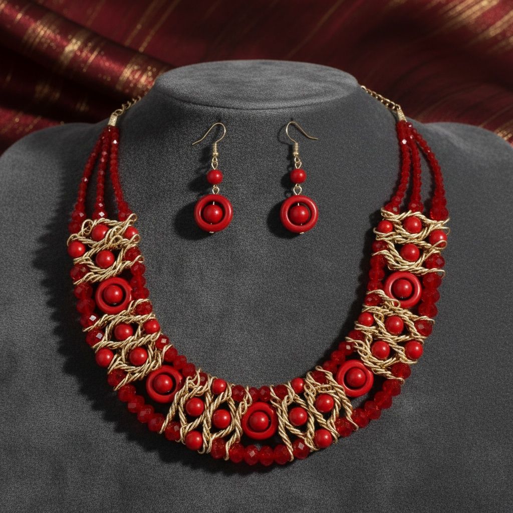 Red Glass Bead Woven Collar Bib Necklace