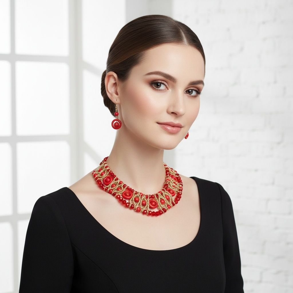 Red Glass Bead Woven Collar Bib Necklace