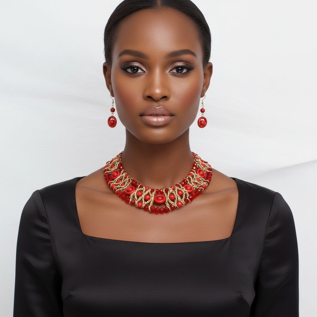 Red Glass Bead Woven Collar Bib Necklace