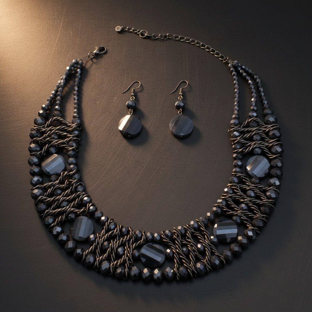 Navy Metallic Bead Woven Collar Bib Necklace