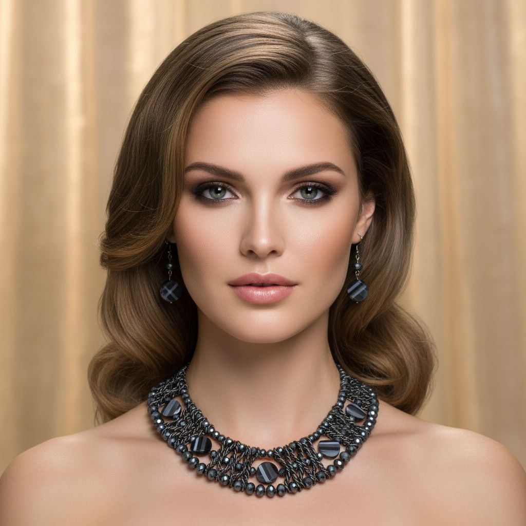 Navy Metallic Bead Woven Collar Bib Necklace