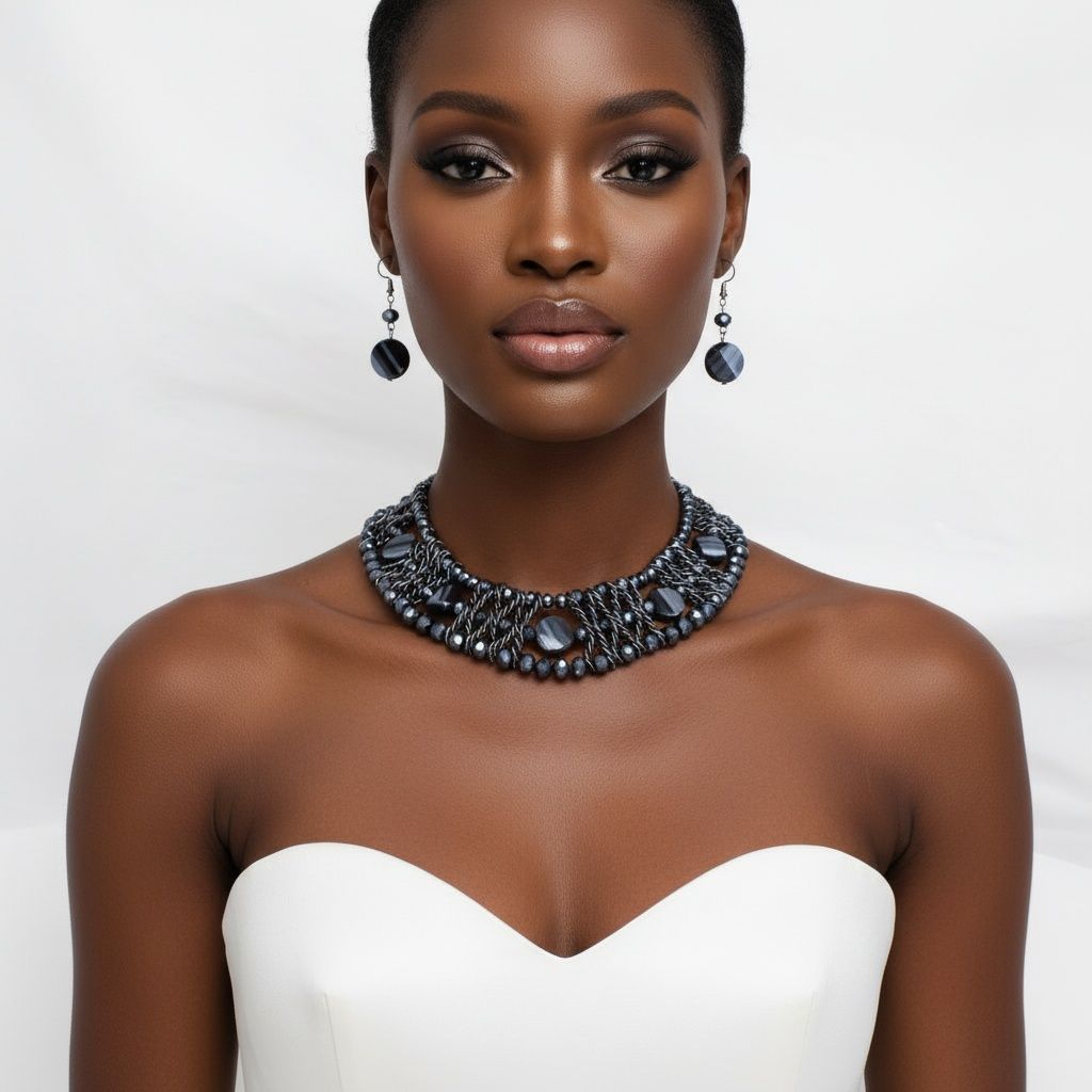 Navy Metallic Bead Woven Collar Bib Necklace