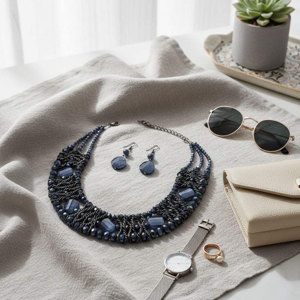 Navy Metallic Bead Woven Collar Bib Necklace