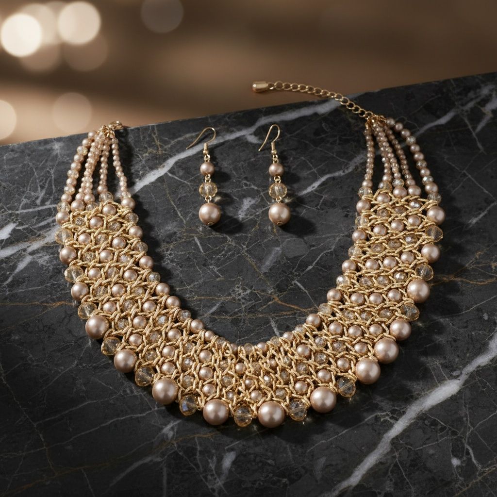 Brown Pearl Glass Bead Woven Collar Bib Necklace