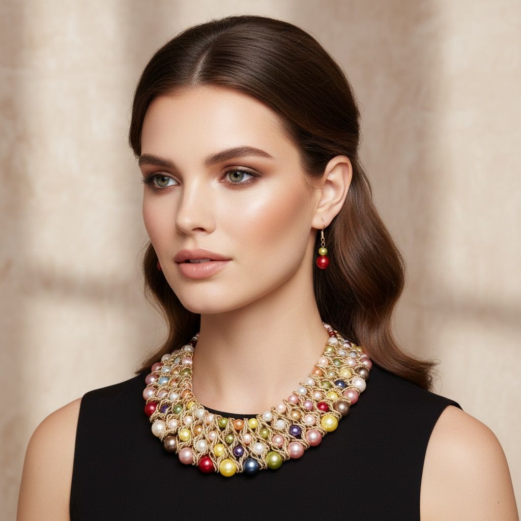 Multicolor Pearl Woven Collar Bib Boutique Necklace