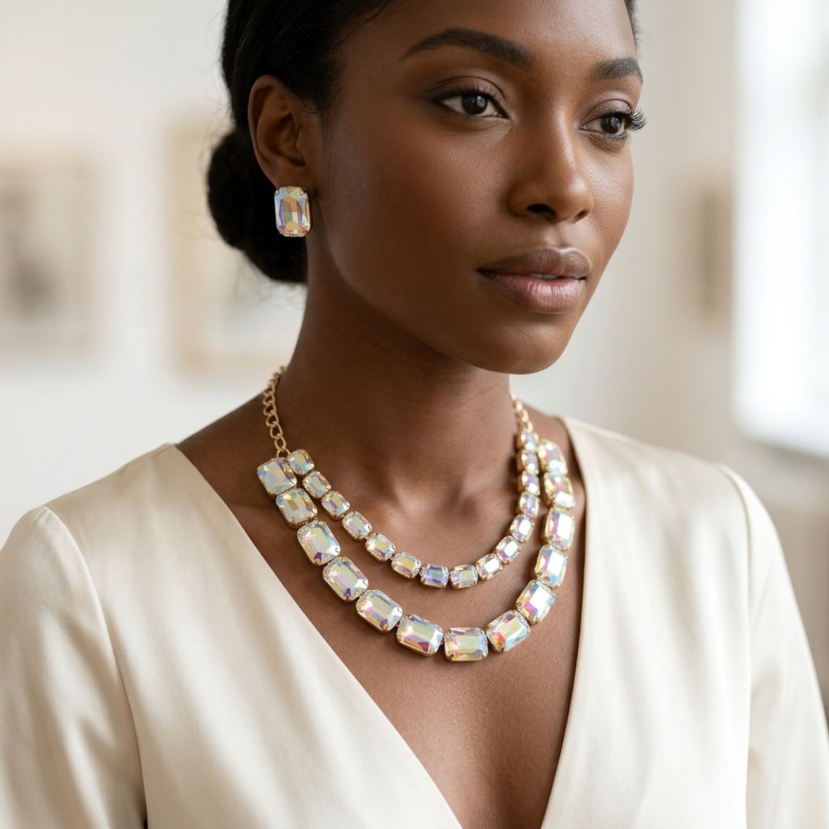 Aurbo Emerald Cut Crystal 2 Row Necklace Set