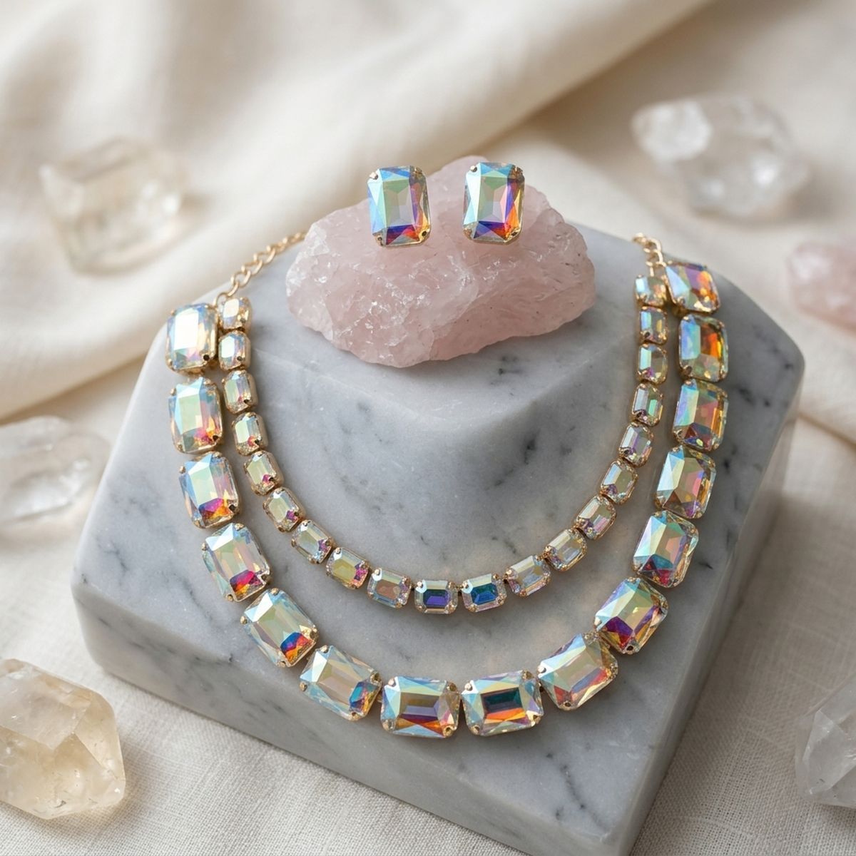 Aurbo Emerald Cut Crystal 2 Row Necklace Set