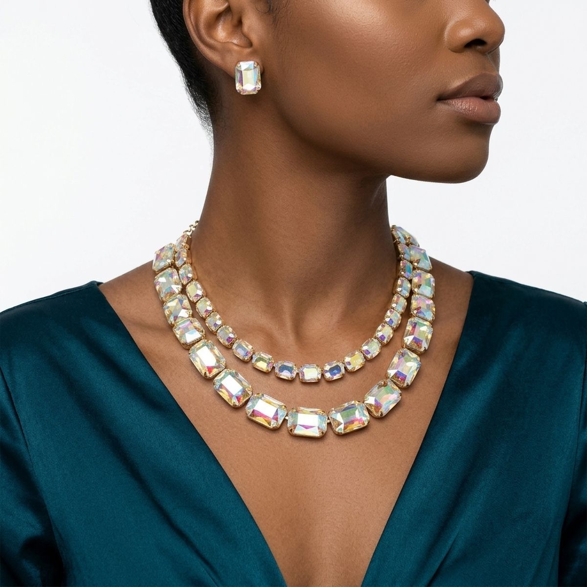 Aurbo Emerald Cut Crystal 2 Row Necklace Set