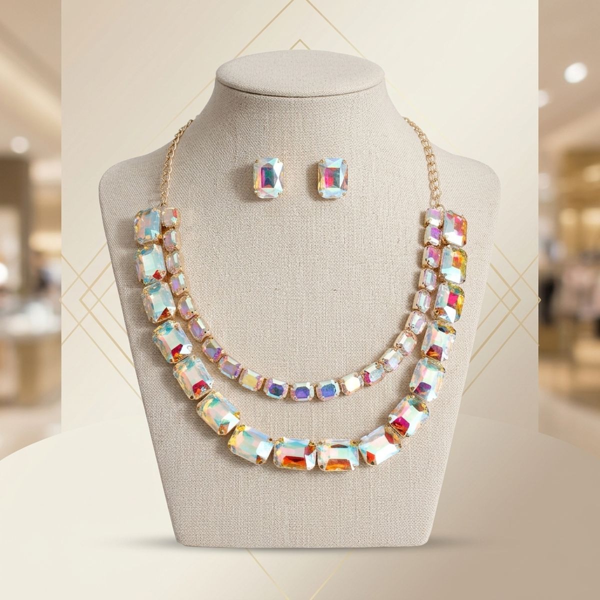 Aurbo Emerald Cut Crystal 2 Row Necklace Set