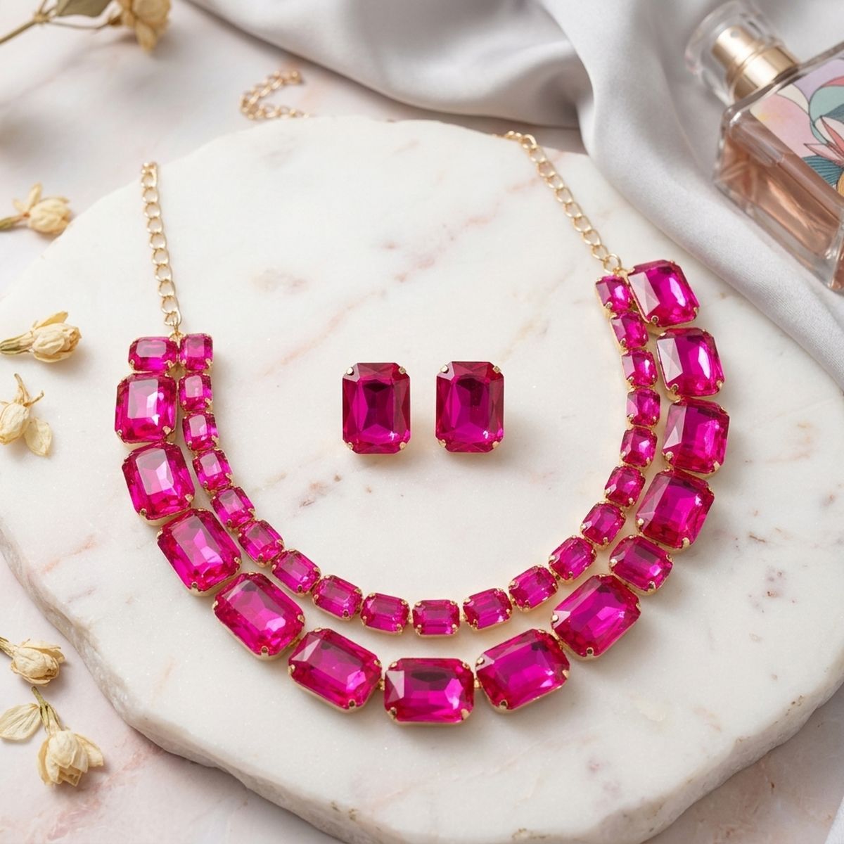 Fuchsia Emerald Cut Crystal 2 Row Necklace Set