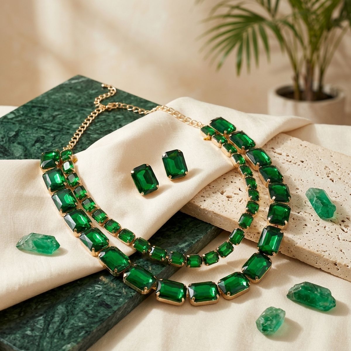 Green Emerald Cut Crystal 2 Row Necklace Set