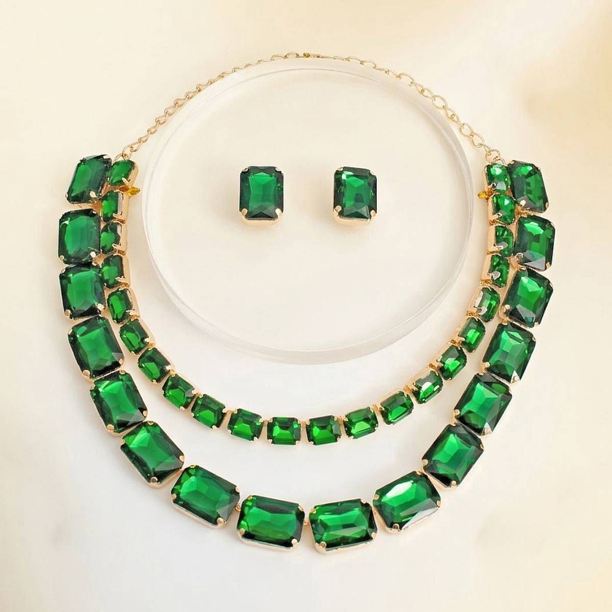 Green Emerald Cut Crystal 2 Row Necklace Set