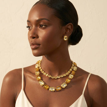 Yellow Emerald Cut Crystal 2 Row Necklace Set