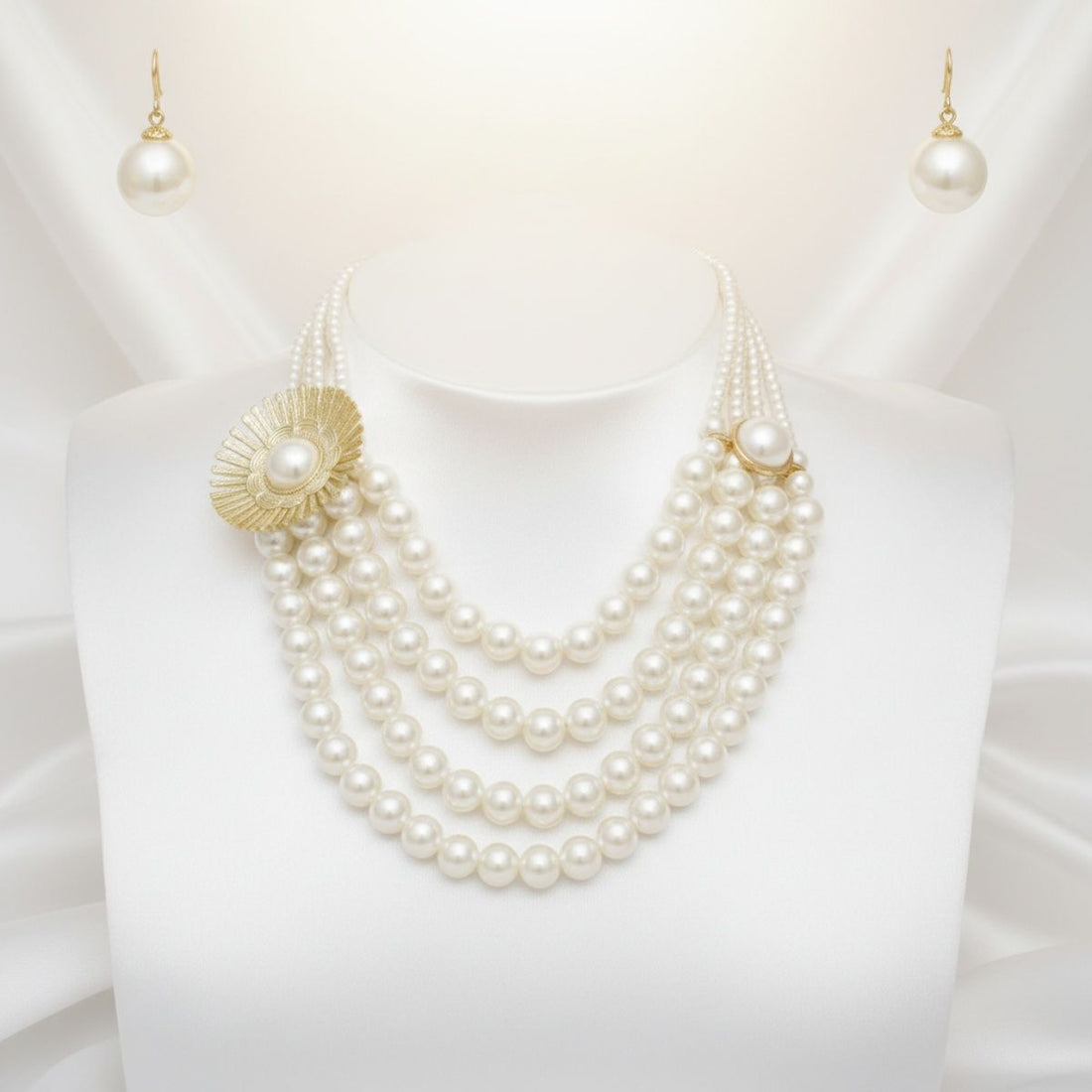 Cream Pearl Floral Detail 4 Layer Chunky Necklace