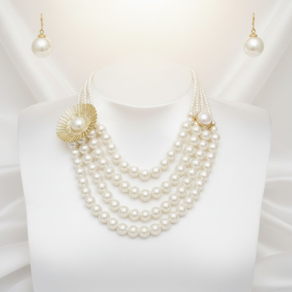 Cream Pearl Floral Detail 4 Layer Chunky Necklace