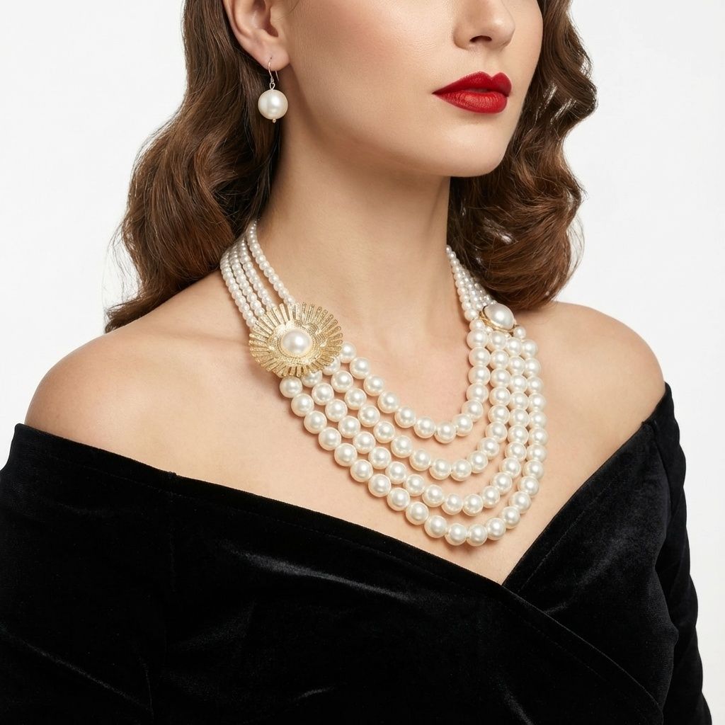 Cream Pearl Floral Detail 4 Layer Chunky Necklace