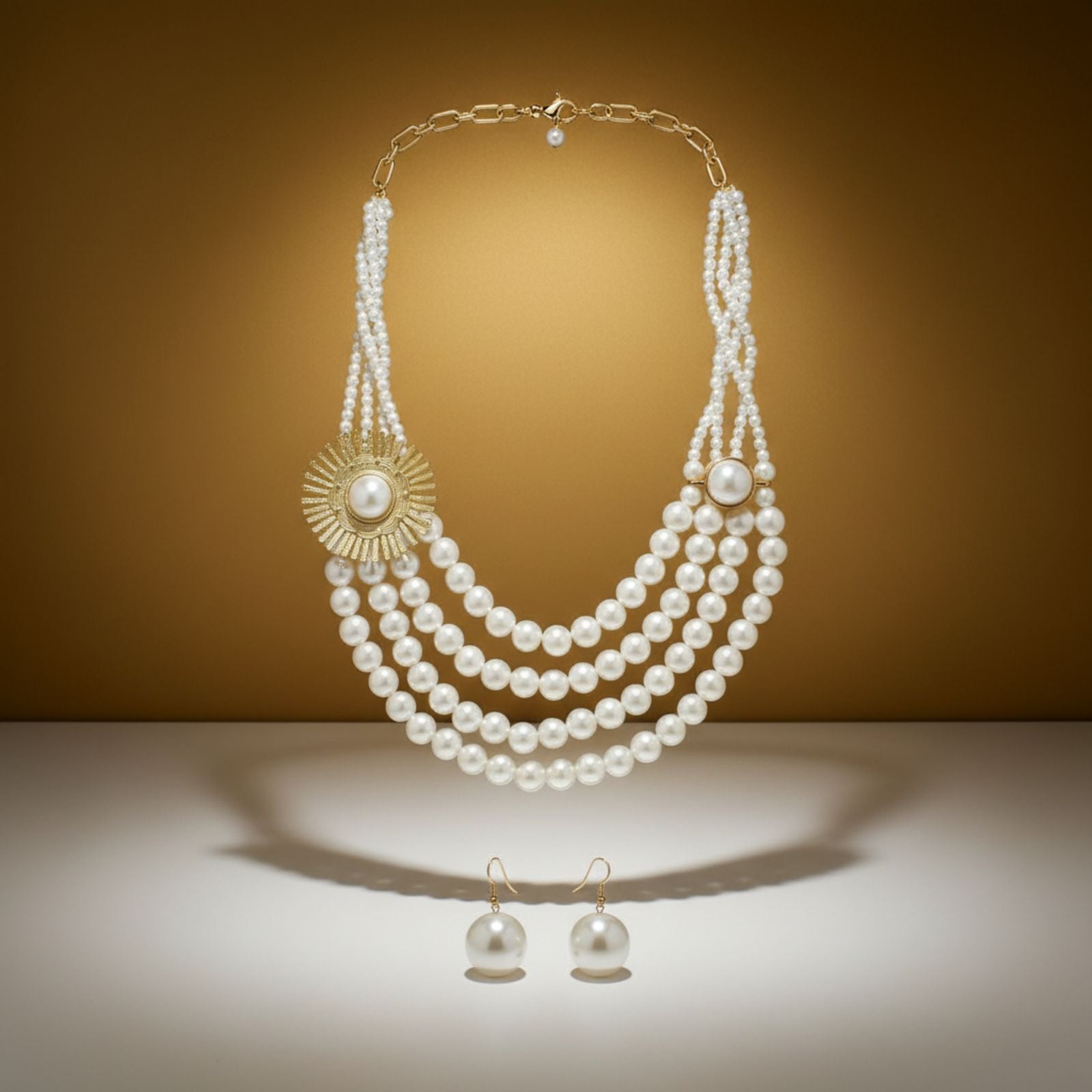 Cream Pearl Floral Detail 4 Layer Chunky Necklace