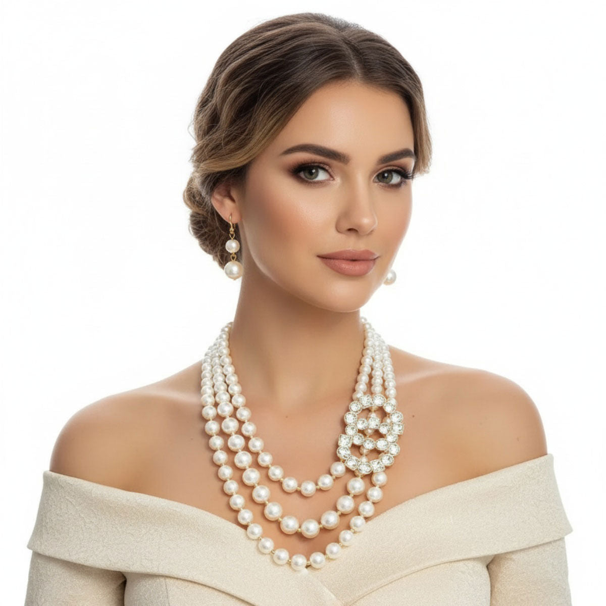 Timeless Opulence: Cream Pearl Layered Necklace Set with Crystal Infinity Ring