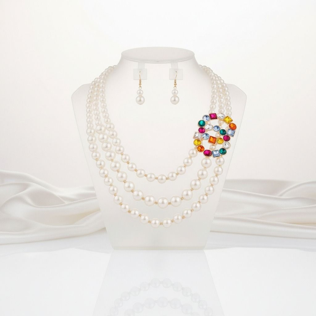 Infinite Elegance: Multi-Color Infinity Ring 3-Layer Pearl Necklace Set