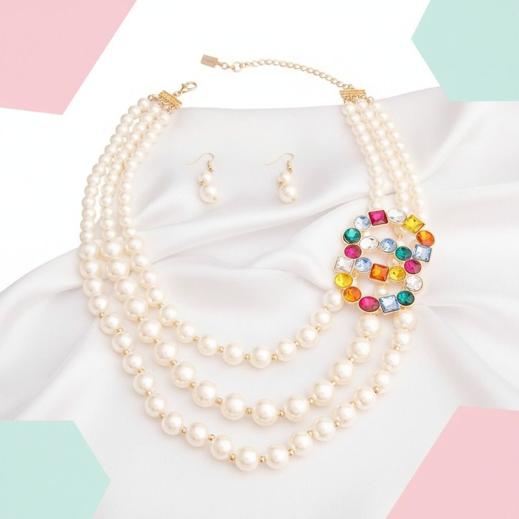 Infinite Elegance: Multi-Color Infinity Ring 3-Layer Pearl Necklace Set