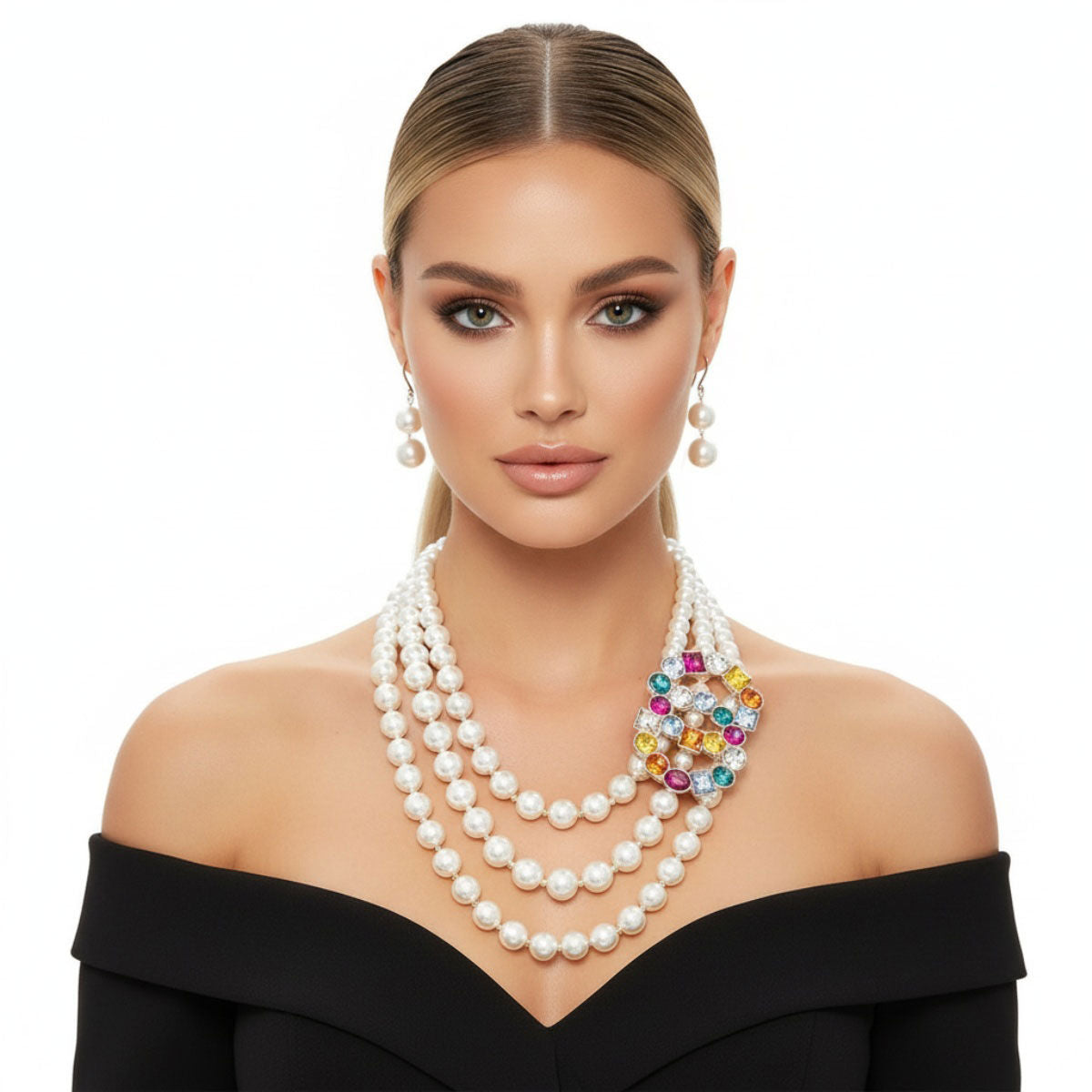 Infinite Elegance: Multi-Color Infinity Ring 3-Layer Pearl Necklace Set