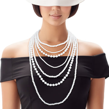 Pearl Necklace White 7 Strand Long Set for Women