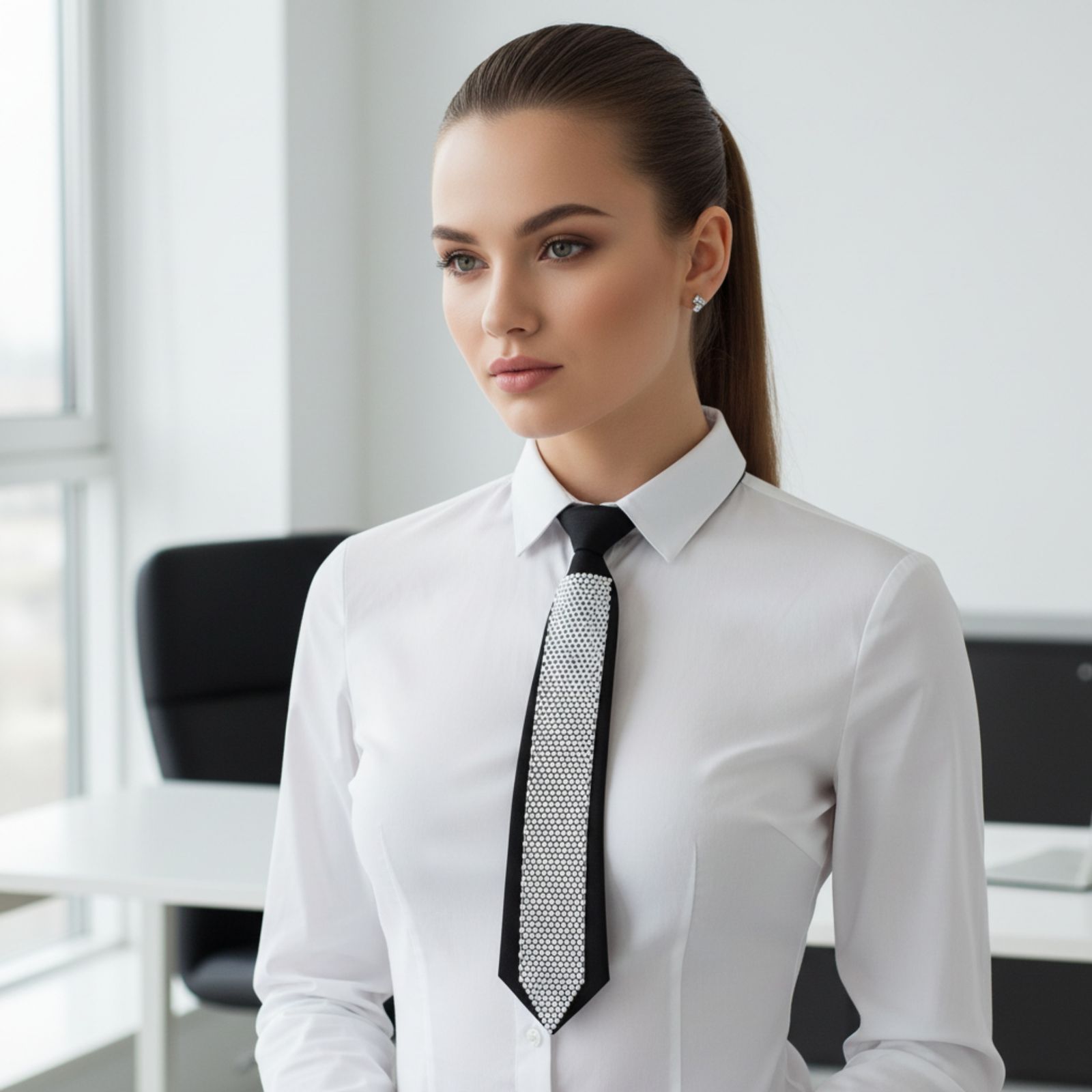 Choker Boss Lady Black White Bling Tie Necklace