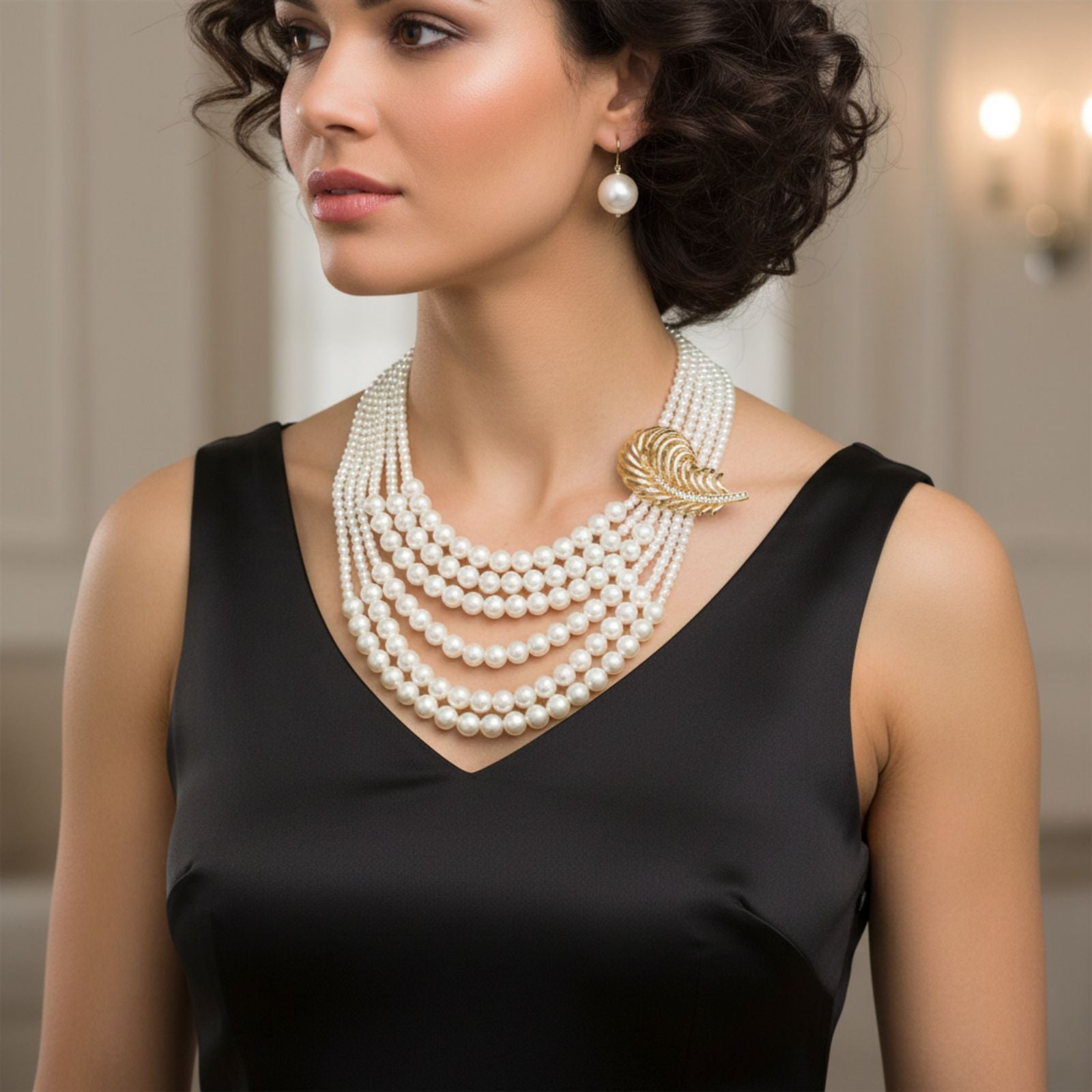 Cream Pearl Detachable Feather Brooch Necklace