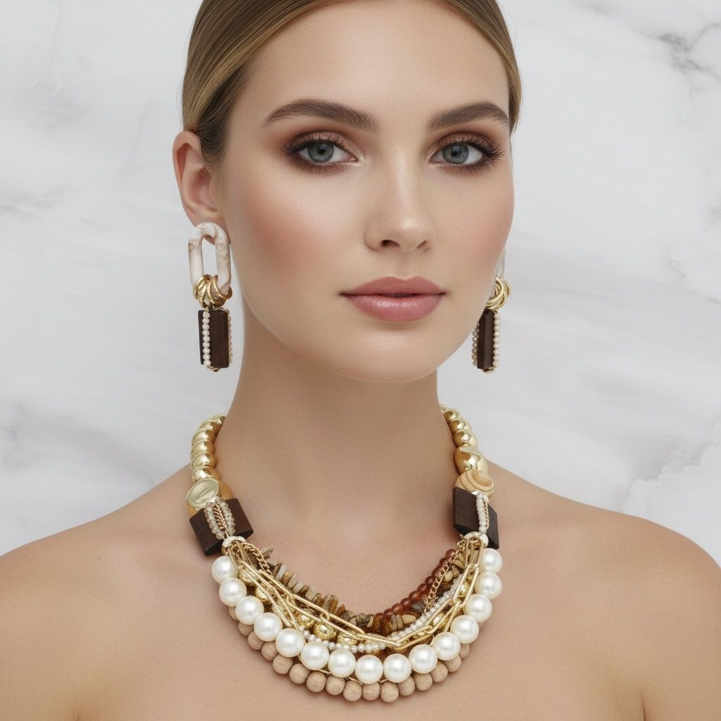 Wood Bead Natural and Glam Multi Layer Necklace