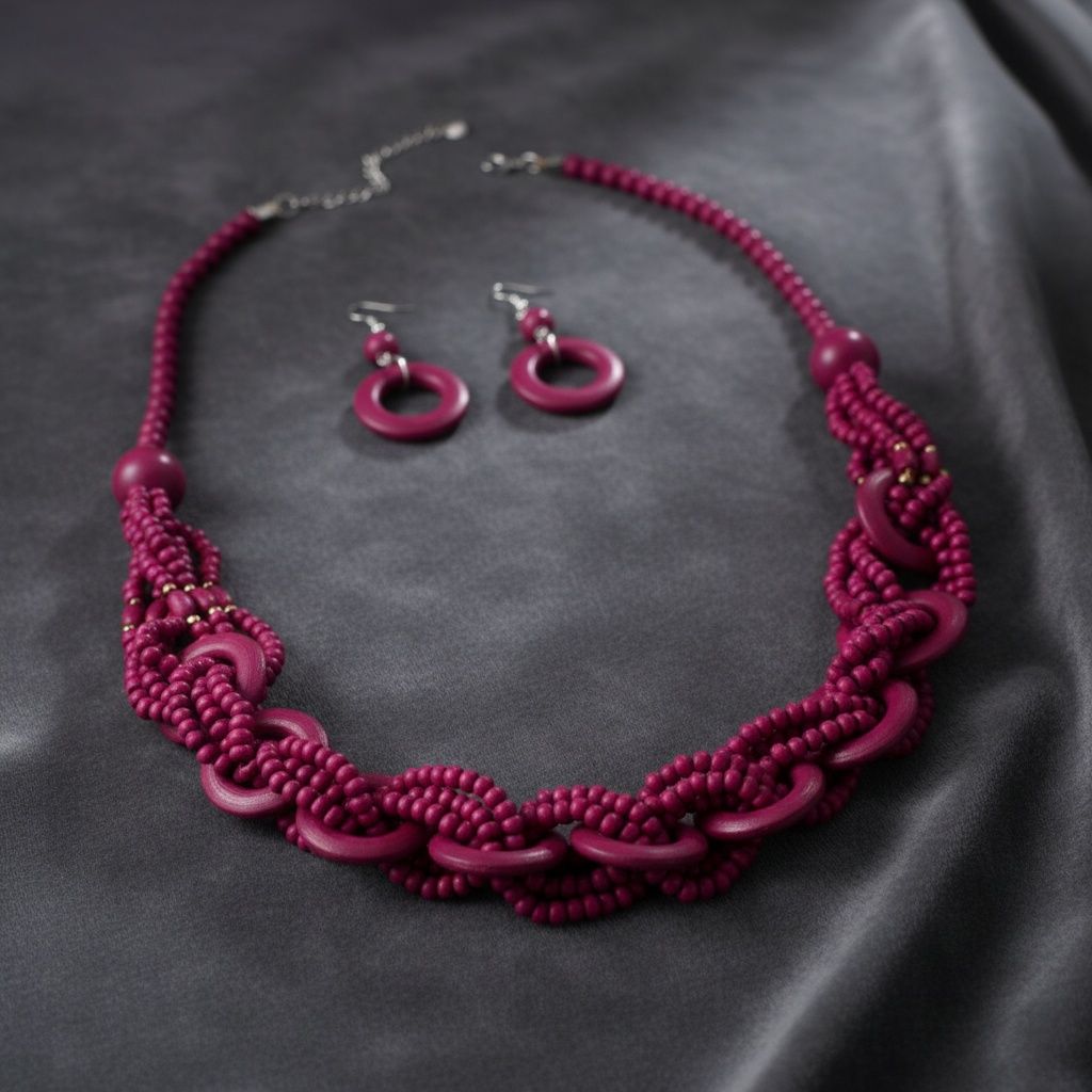 Long Fuchsia Wood Bead Earthy Energy Necklace