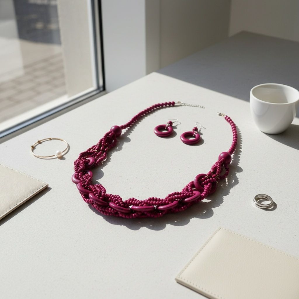 Long Fuchsia Wood Bead Earthy Energy Necklace