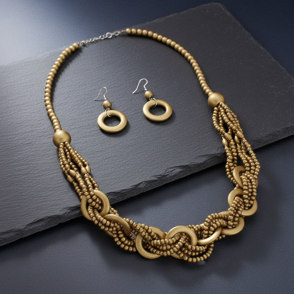 Long Gold Wood Bead Earthy Energy Necklace