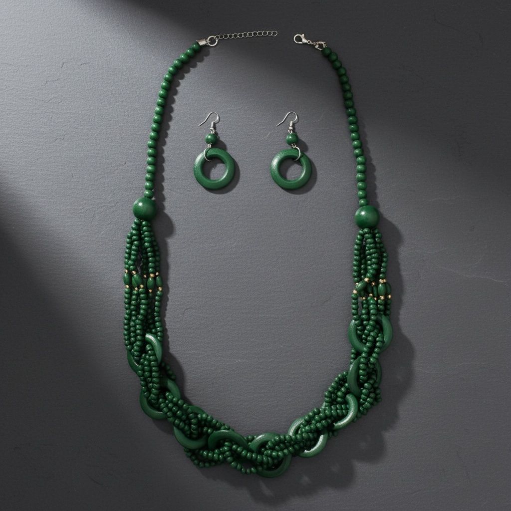 Long Green Wood Bead Earthy Energy Necklace