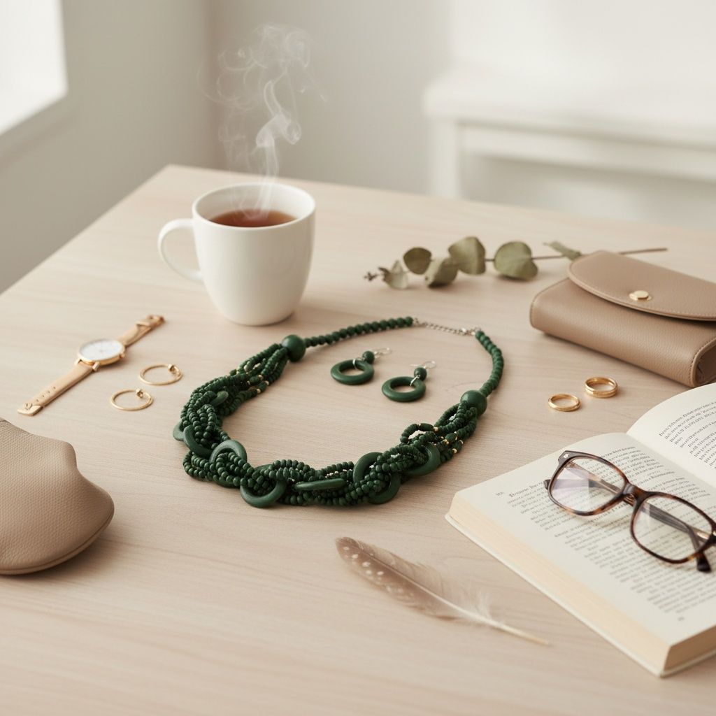 Long Green Wood Bead Earthy Energy Necklace