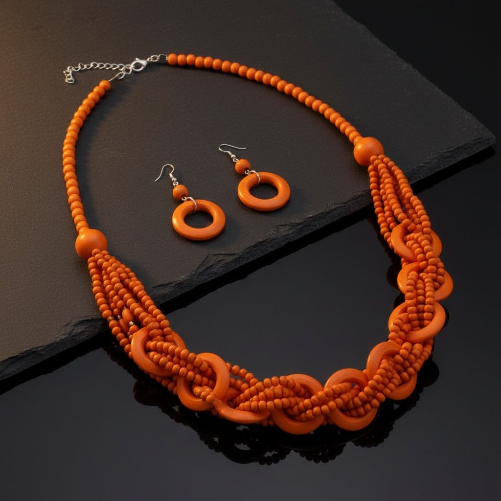 Long Orange Wood Bead Earthy Energy Necklace