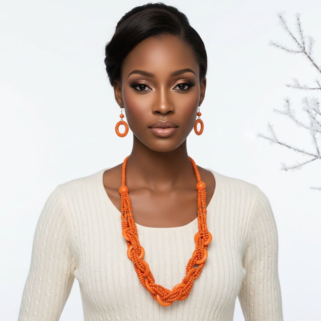 Long Orange Wood Bead Earthy Energy Necklace