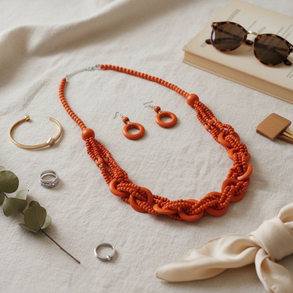 Long Orange Wood Bead Earthy Energy Necklace