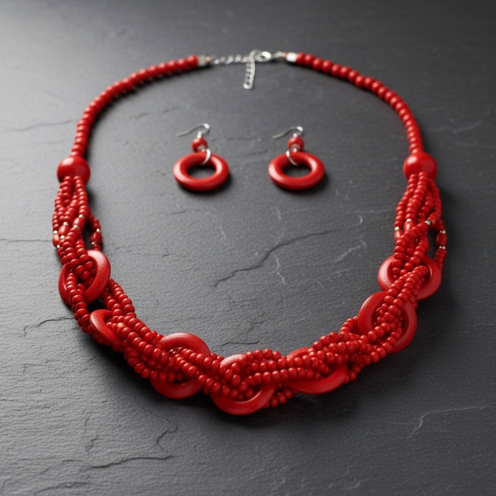 Long Red Wood Bead Earthy Energy Necklace