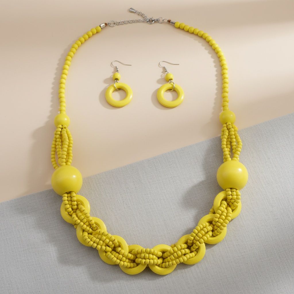 Long Yellow Wood Bead Earthy Energy Necklace