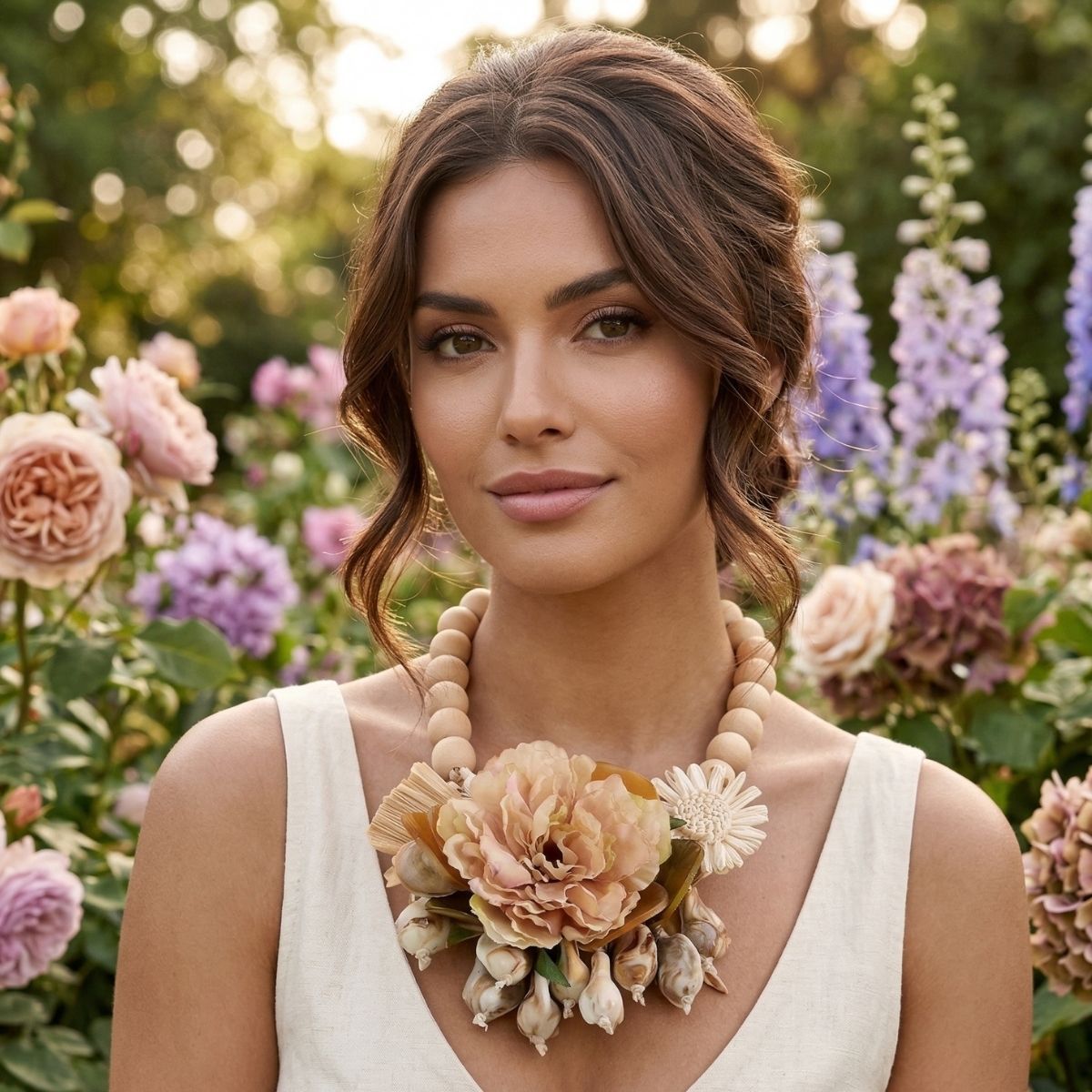 Cream Floral Garden Wood Bead Statement Necklace