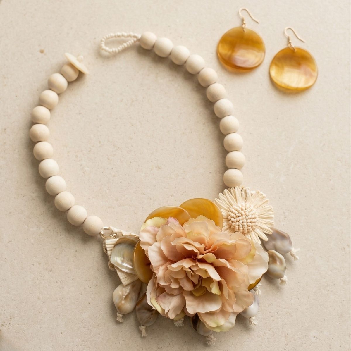 Cream Floral Garden Wood Bead Statement Necklace