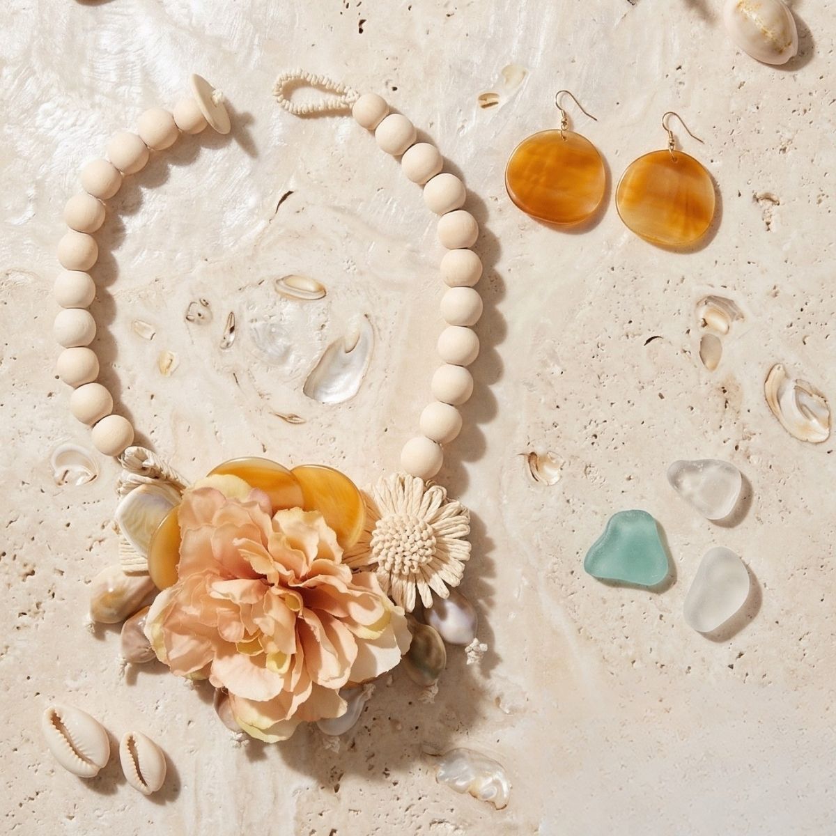 Cream Floral Garden Wood Bead Statement Necklace