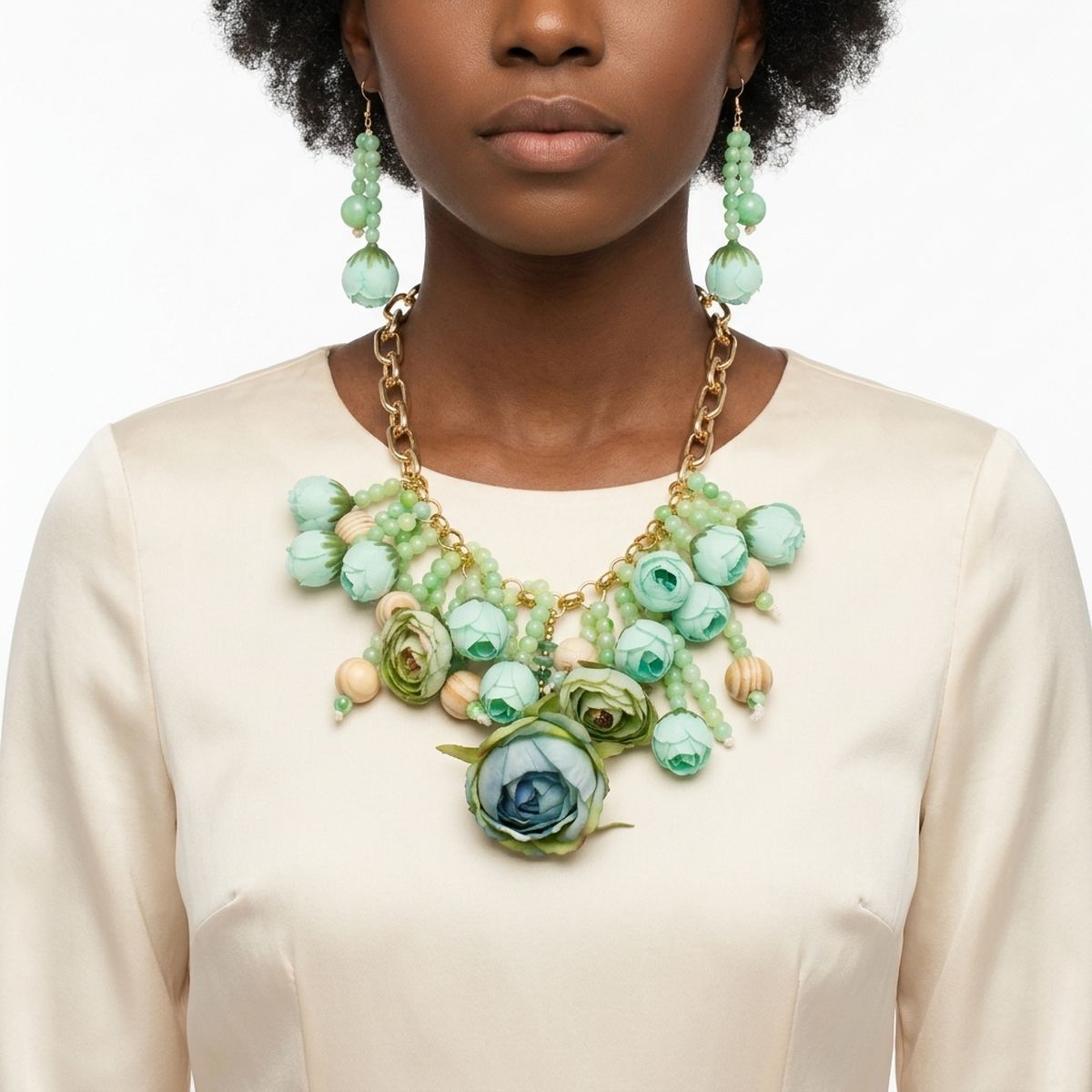 Green Floral Garden Fringe Statement Necklace