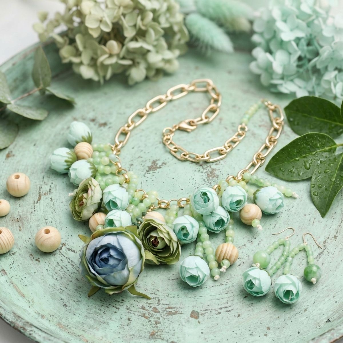 Green Floral Garden Fringe Statement Necklace