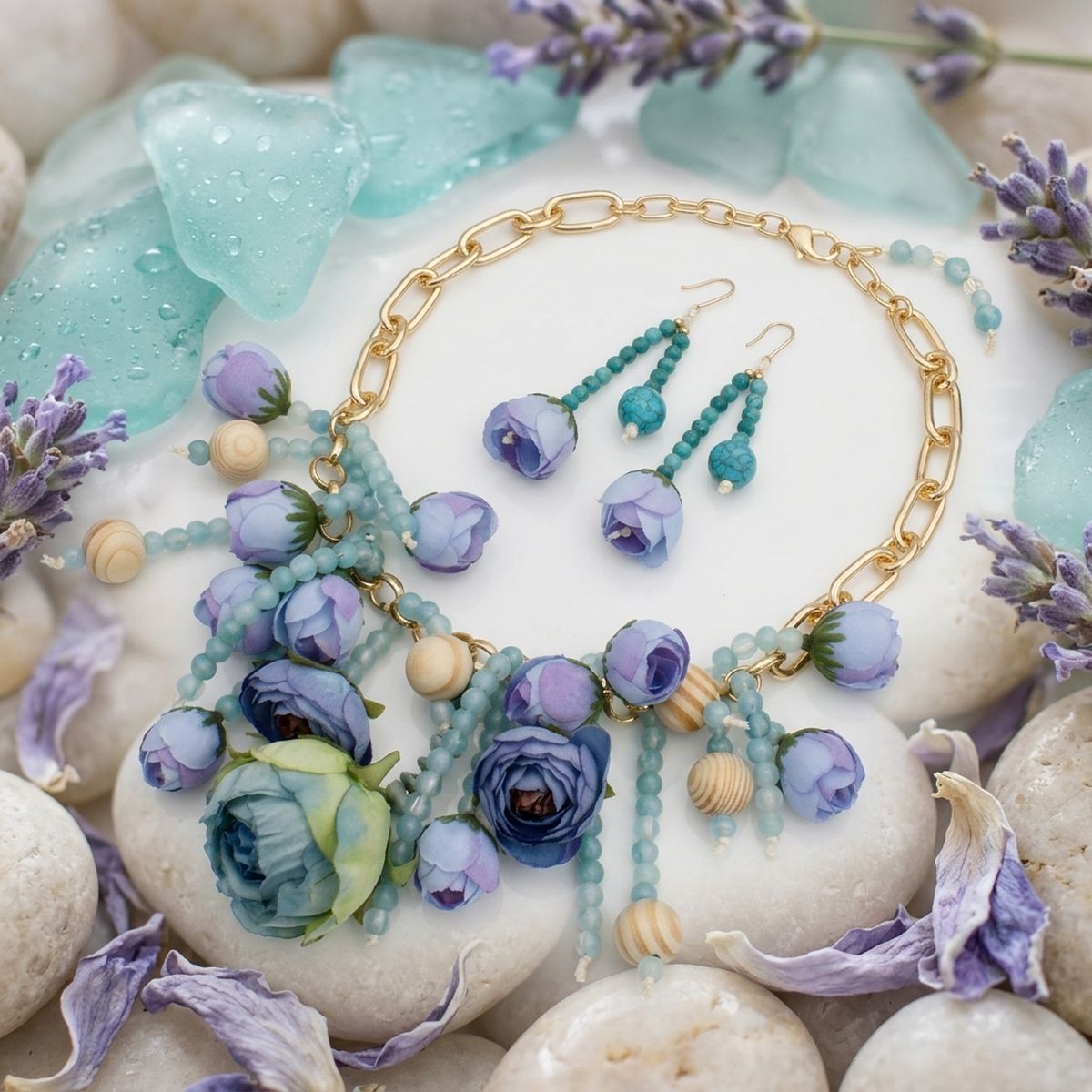 Turquoise Floral Garden Fringe Statement Necklace