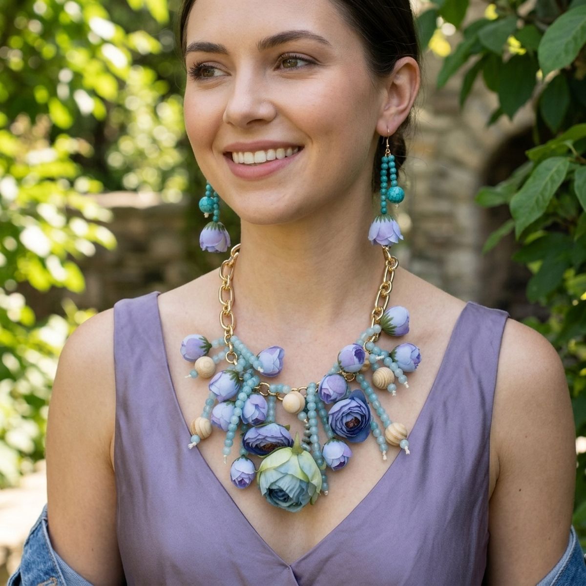 Turquoise Floral Garden Fringe Statement Necklace