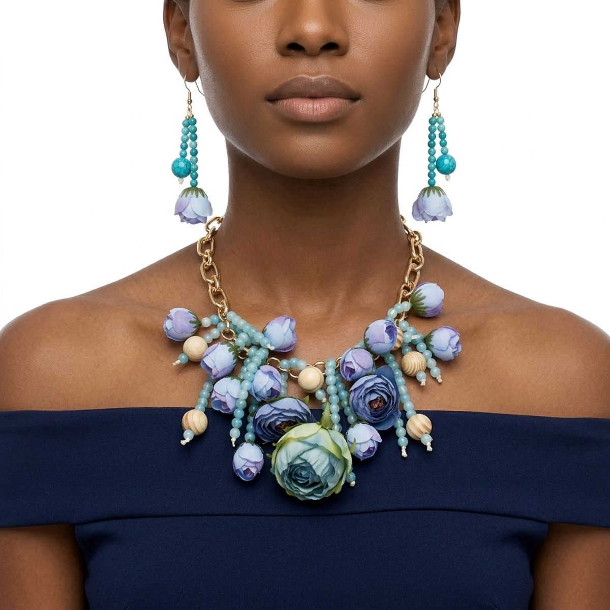 Turquoise Floral Garden Fringe Statement Necklace