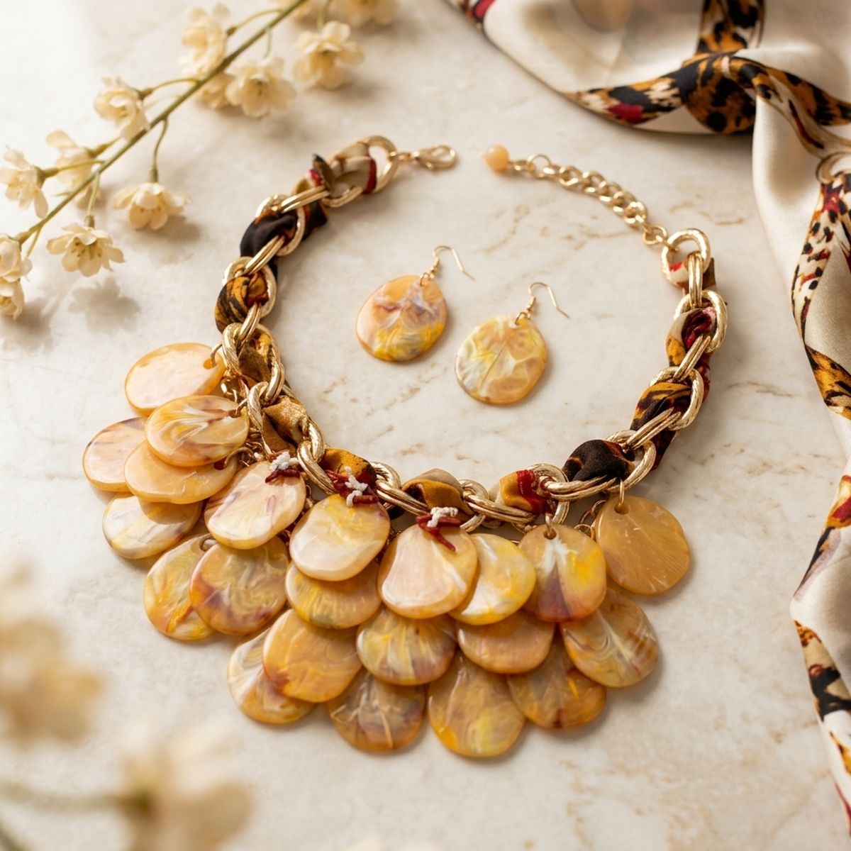 Marble Mustard Disc Bib Fabric Woven Chain Necklace